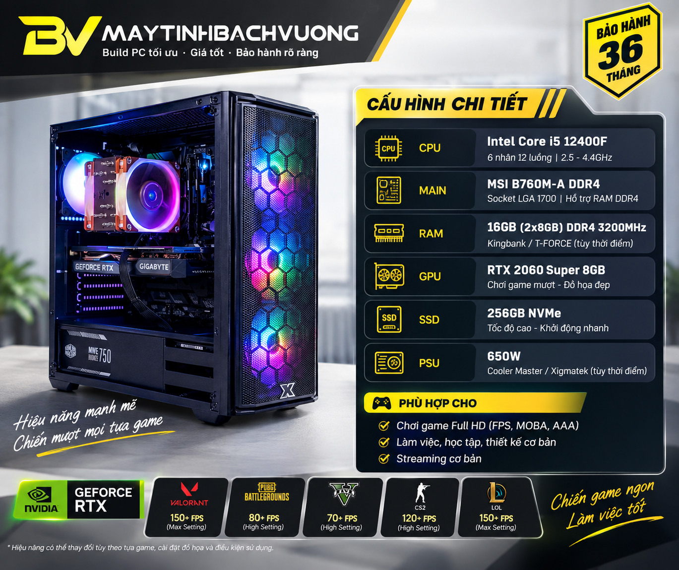 PC GAMING B760/I5 12400F/RTX 2060S (VGA qua sử dụng - Linh kiện còn lại All NEW)