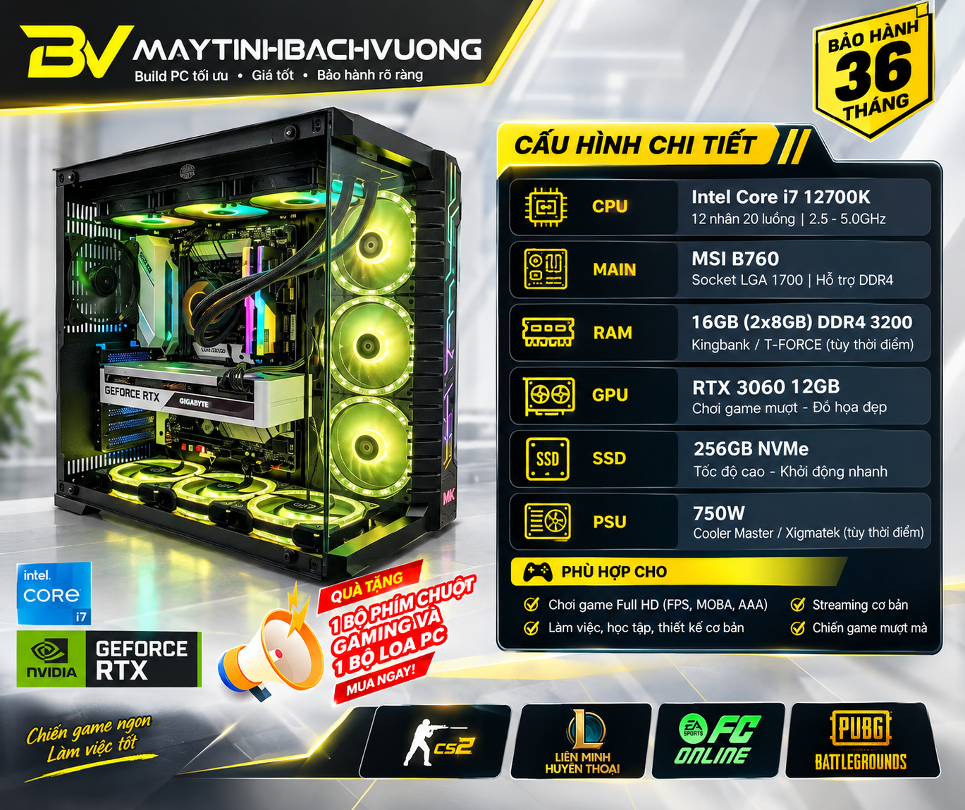 PC GAMING B760M/I7 12700K/RTX 3060 12GB (Linh Kiện ALL NEW- CHƯA KÈM TẢN)