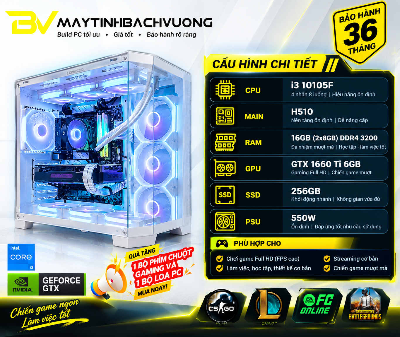 PC GAMING H510/I3 10105F/1660Ti (VGA qua sử dụng - Linh kiện còn lại All NEW)