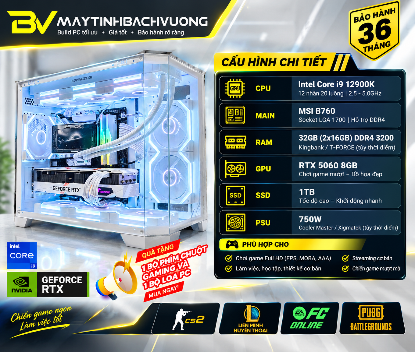 PC GAMING B760/I9 12900K/RTX 5060 8GB/32GB (Linh Kiện All NEW)