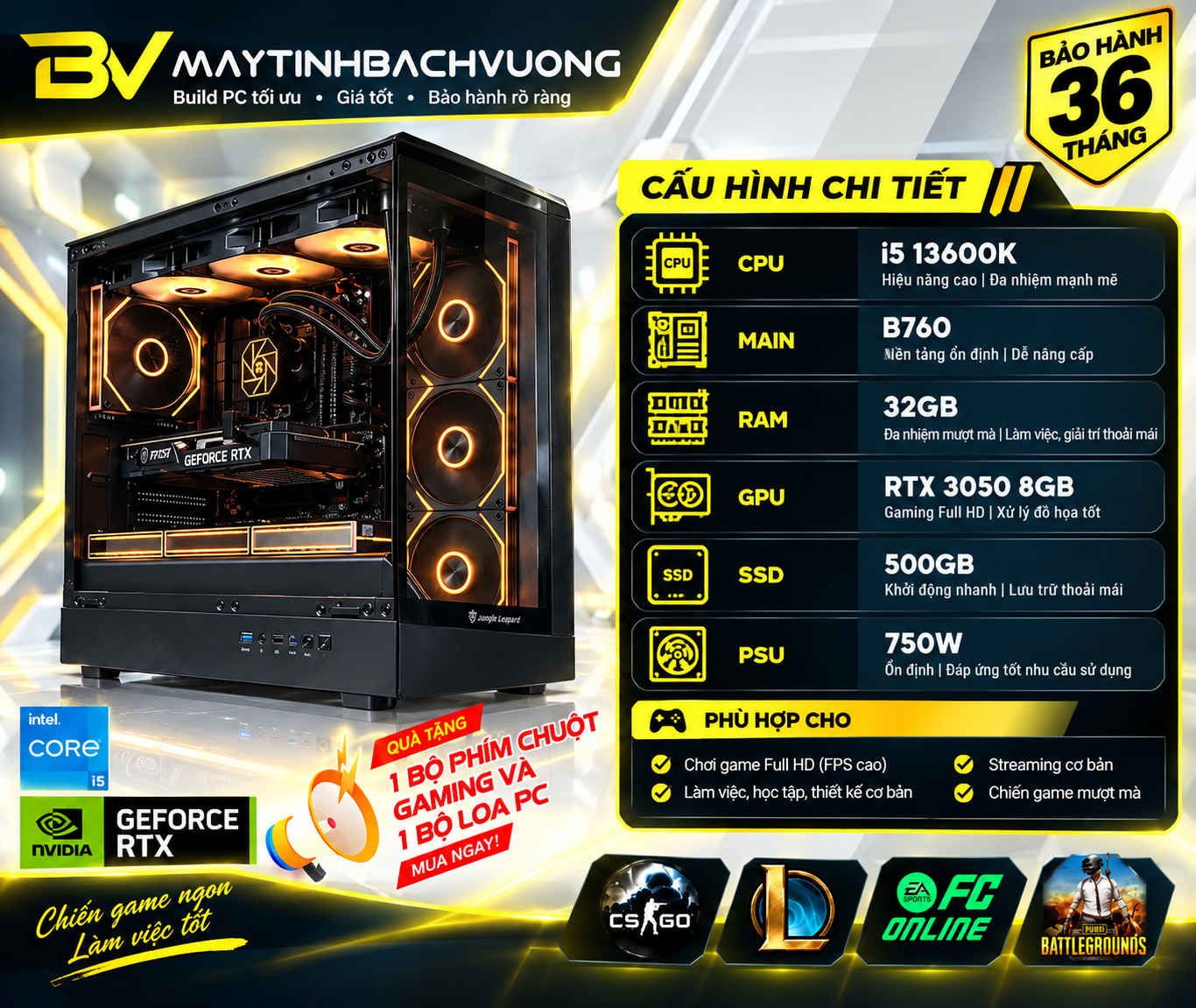 PC GAMING B760 / I5 13600K / RTX 3050 8GB (Linh Kiện All NEW)