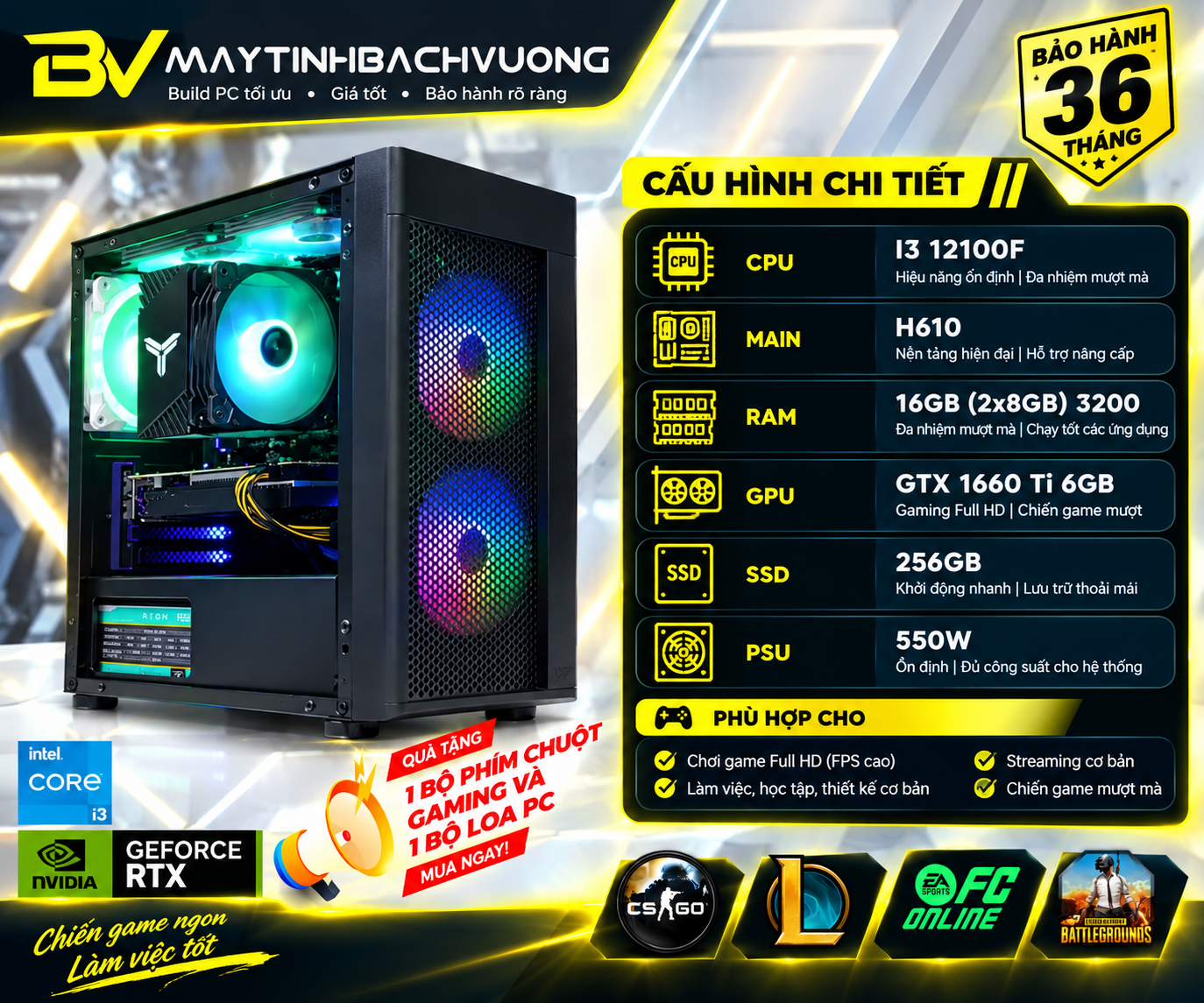 PC GAMING H610/I3 12100F/1660Ti(VGA đã qua sử dụng - Linh kiện còn lại All NEW)