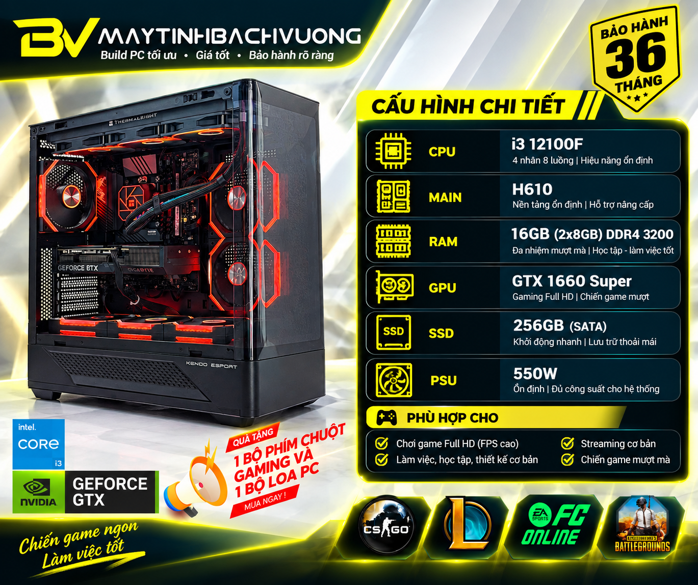 PC GAMING H610/I3 12100F/GTX 1660S/ Nguồn 550W(VGA đã qua sử dụng - Linh Kiện Còn Lại All NEW)
