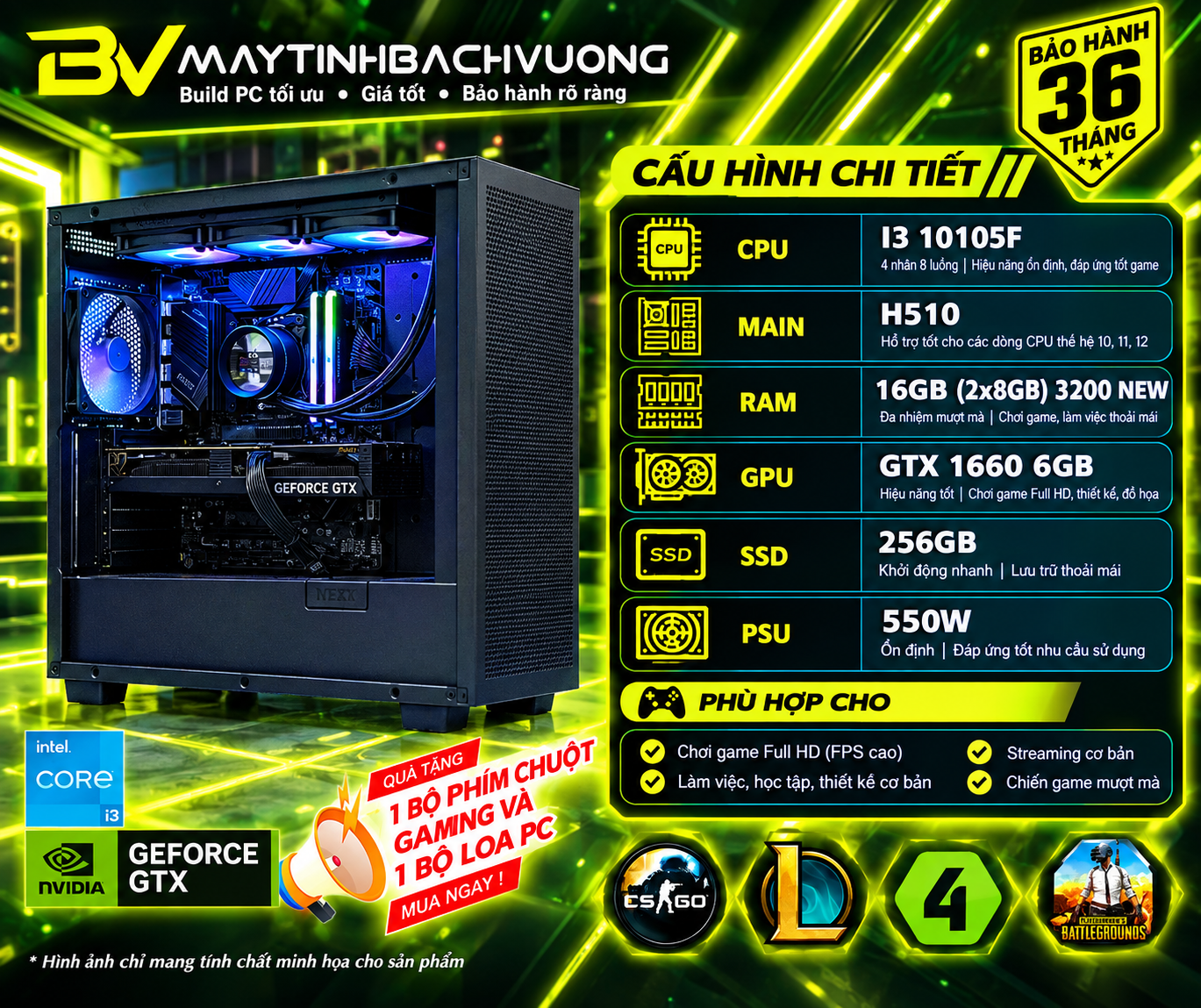 PC GAMING H510M/I3 10105F/RAM 16G/VGA 1660 6GB NEW